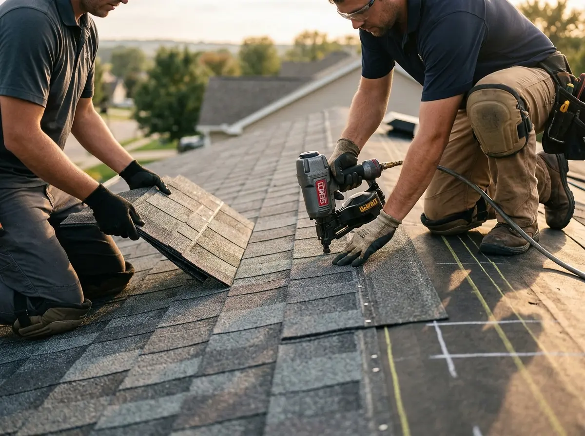 Professional roofer working on a residential roof in Breckenridge